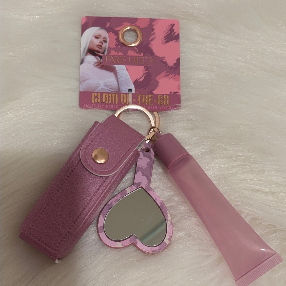 Paris Hilton Pink Keychain Set with Lip Gloss Case and Mirror